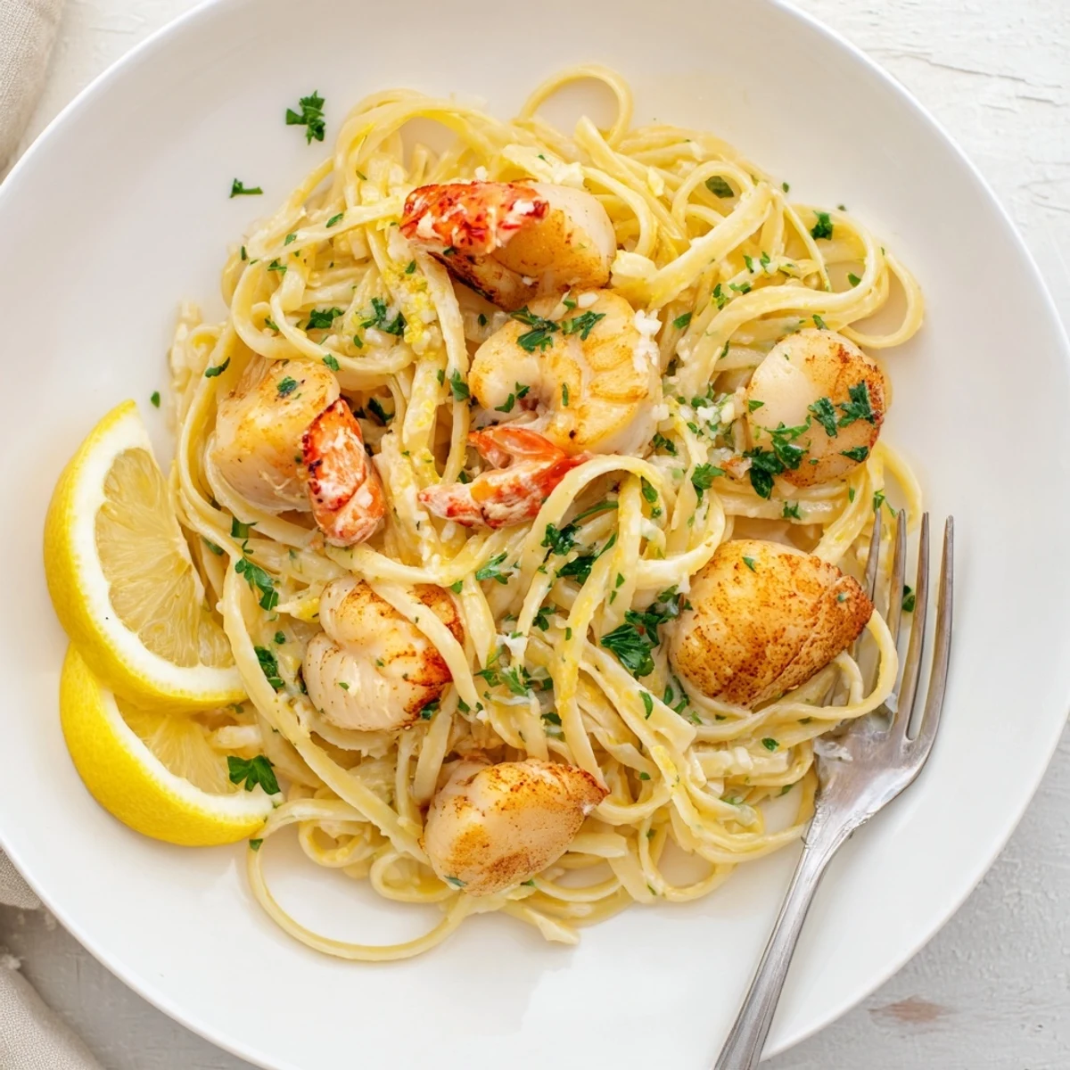 Plate of lobster and scallop garlic butter linguine garnished with parsley and lemon wedges
