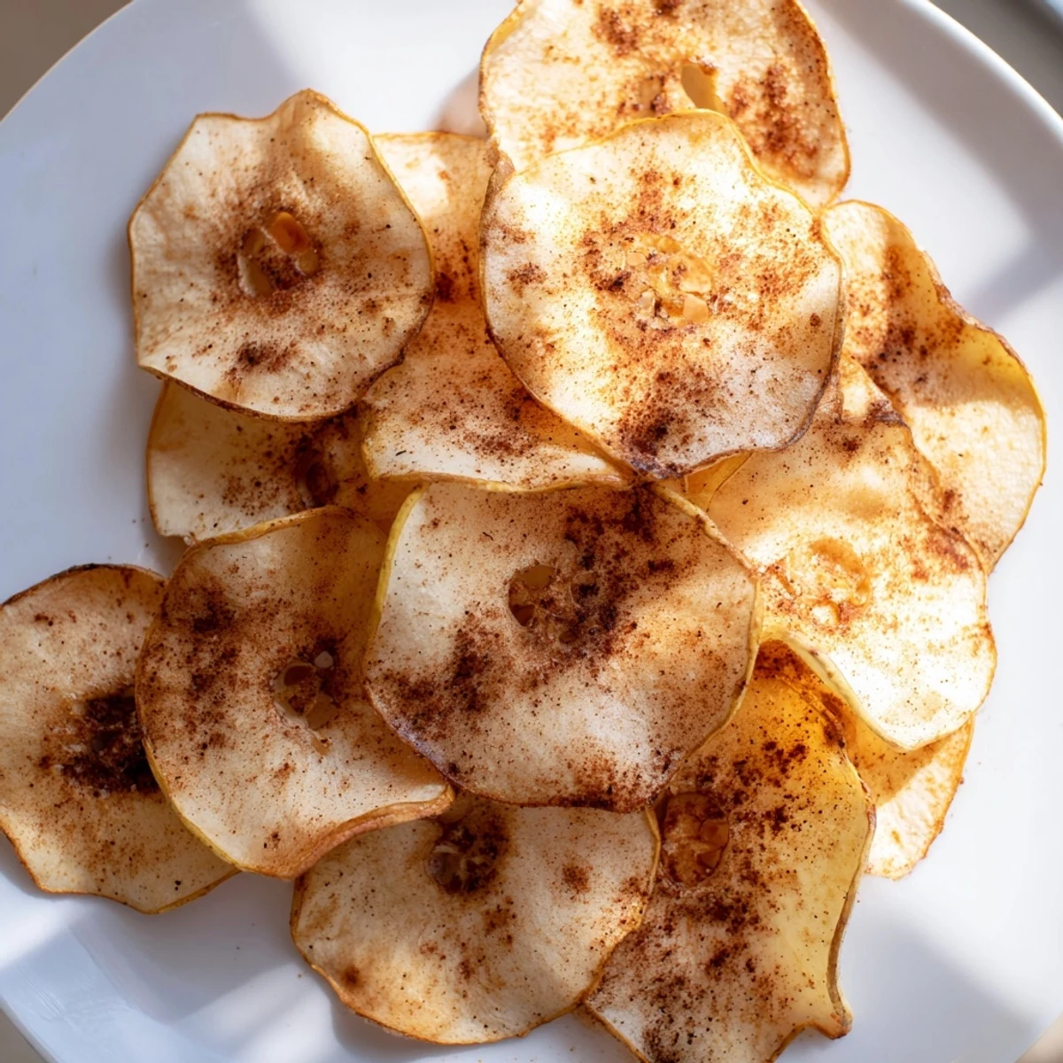 Golden brown crispy air fryer apple chips with cinnamon arranged on a white plate