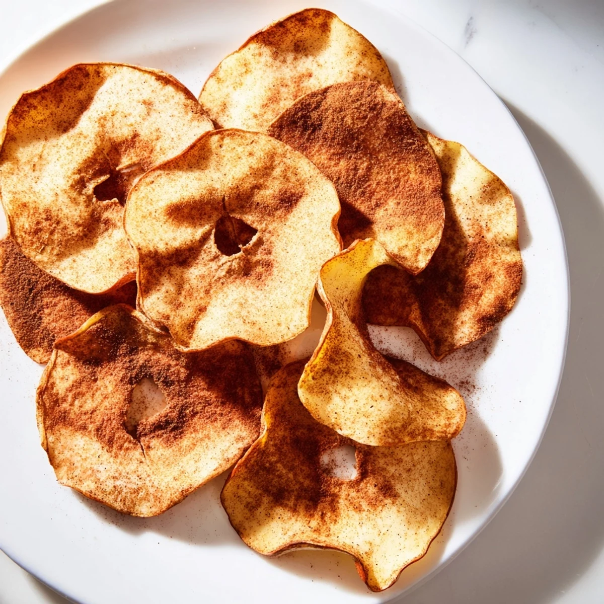 Healthy homemade apple chips sprinkled with cinnamon after cooking in the air fryer basket
