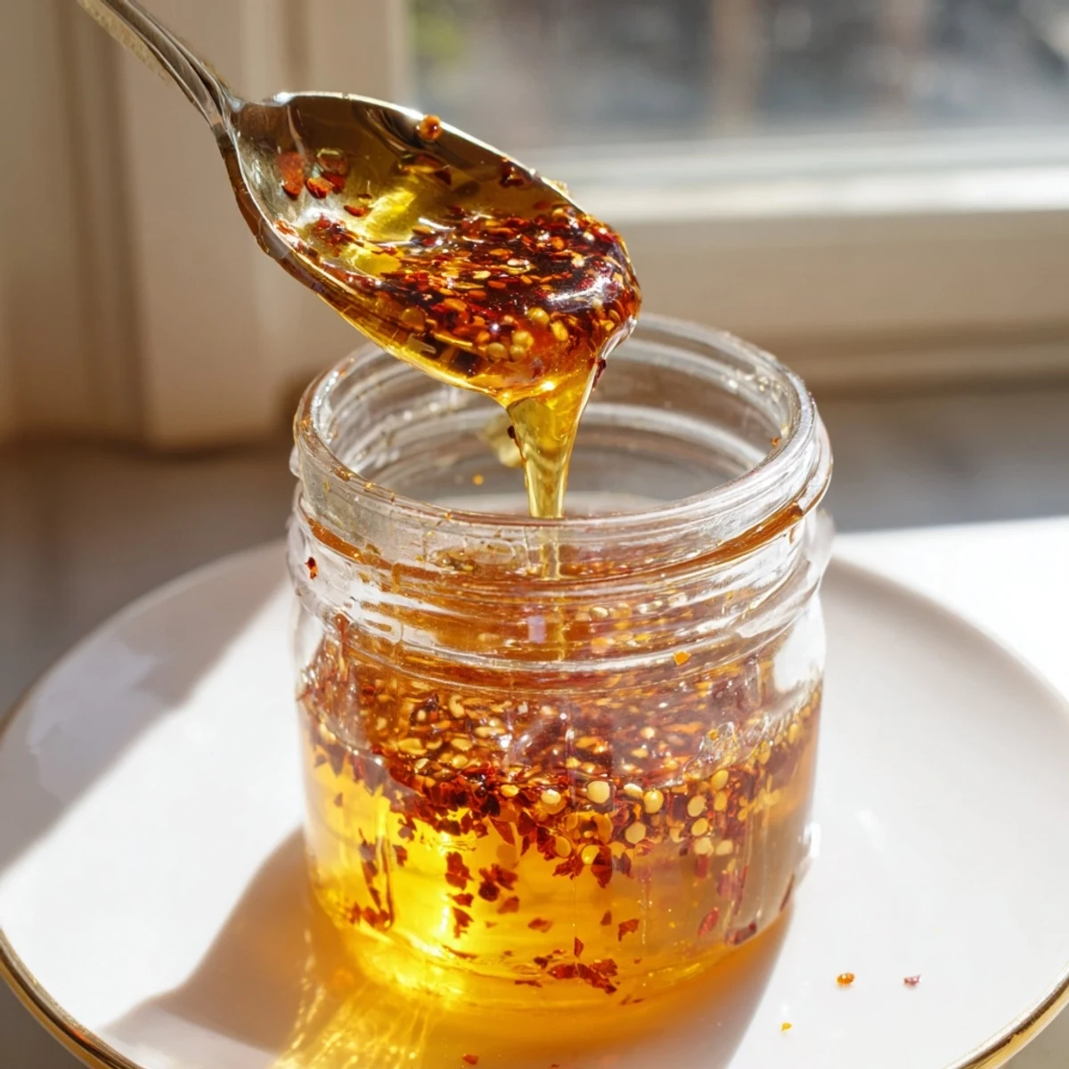 Golden homemade hot honey infused with red chili flakes in a glass jar