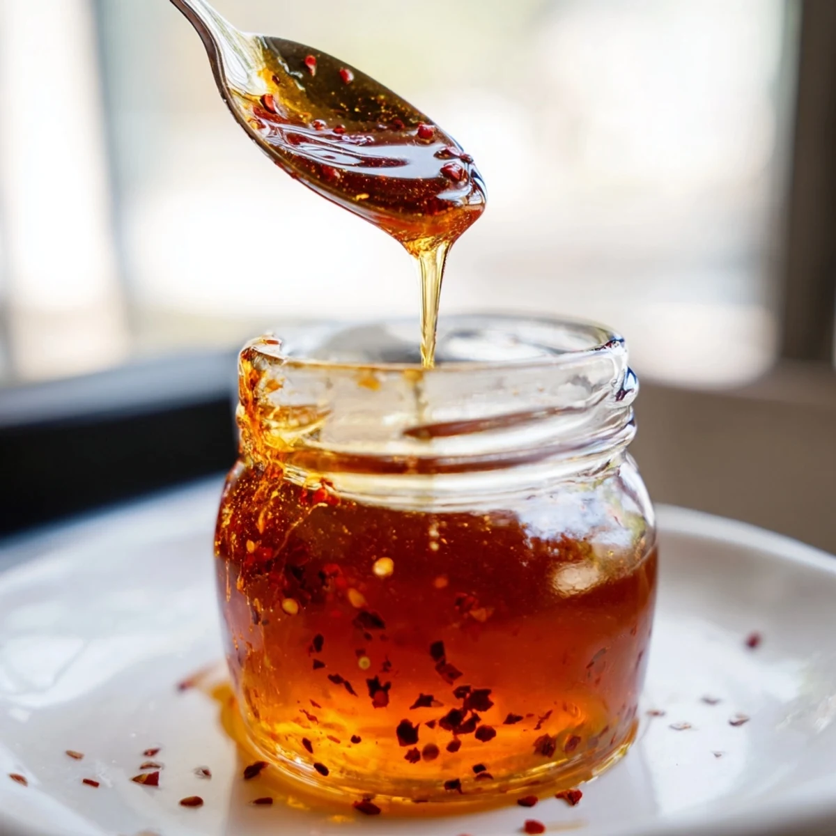 Warm amber hot honey swirling with chili pepper flakes ready for pizza topping