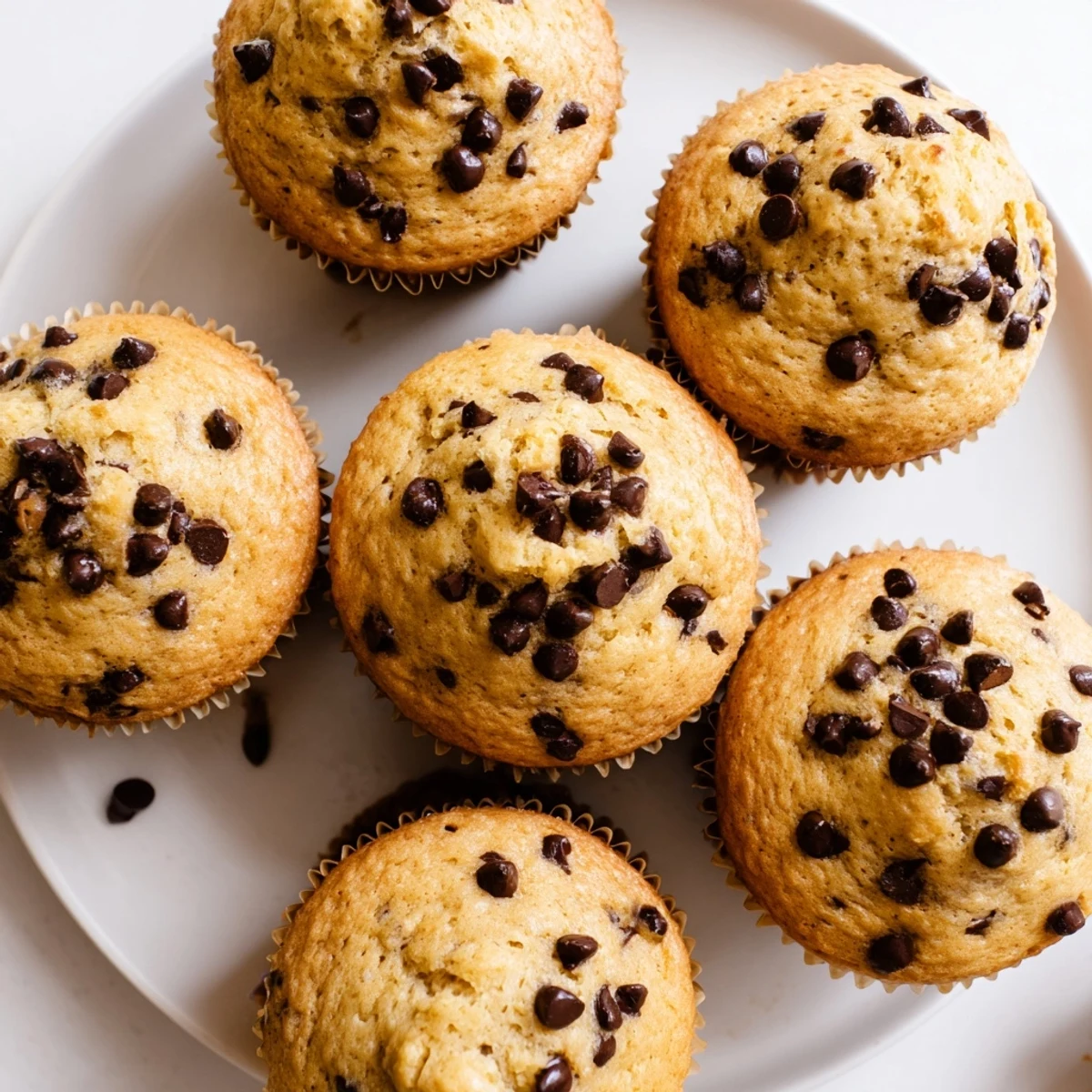 Golden bakery style chocolate chip muffins with tall domed tops and melty chocolate chunks