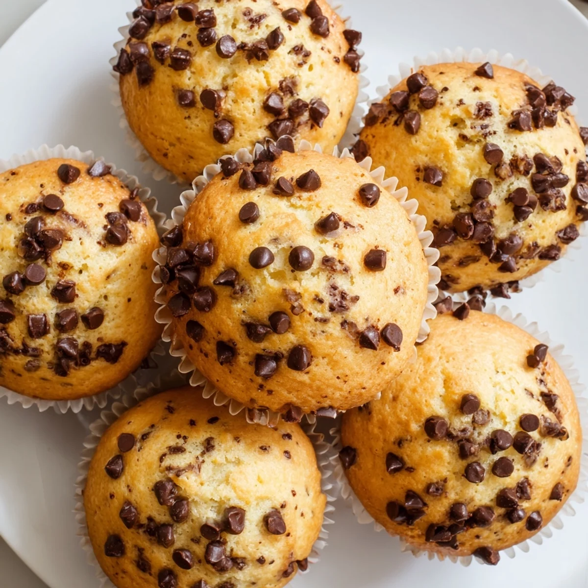 Moist chocolate chip muffins fresh from the oven, studded with semi-sweet chocolate chips
