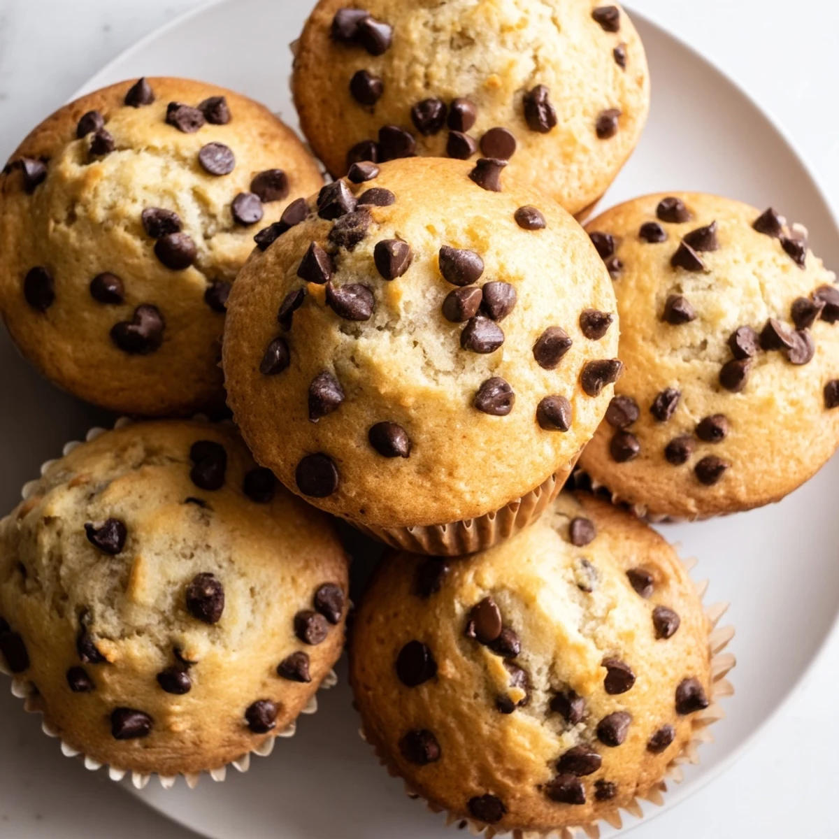 Batch of fluffy bakery style chocolate chip muffins with golden brown crusts and chocolate flecks