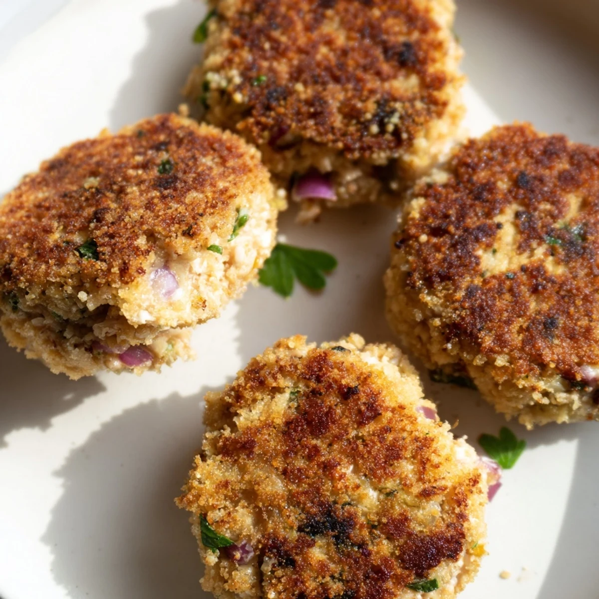 Golden brown crispy tuna cakes frying in a skillet with fresh parsley garnish