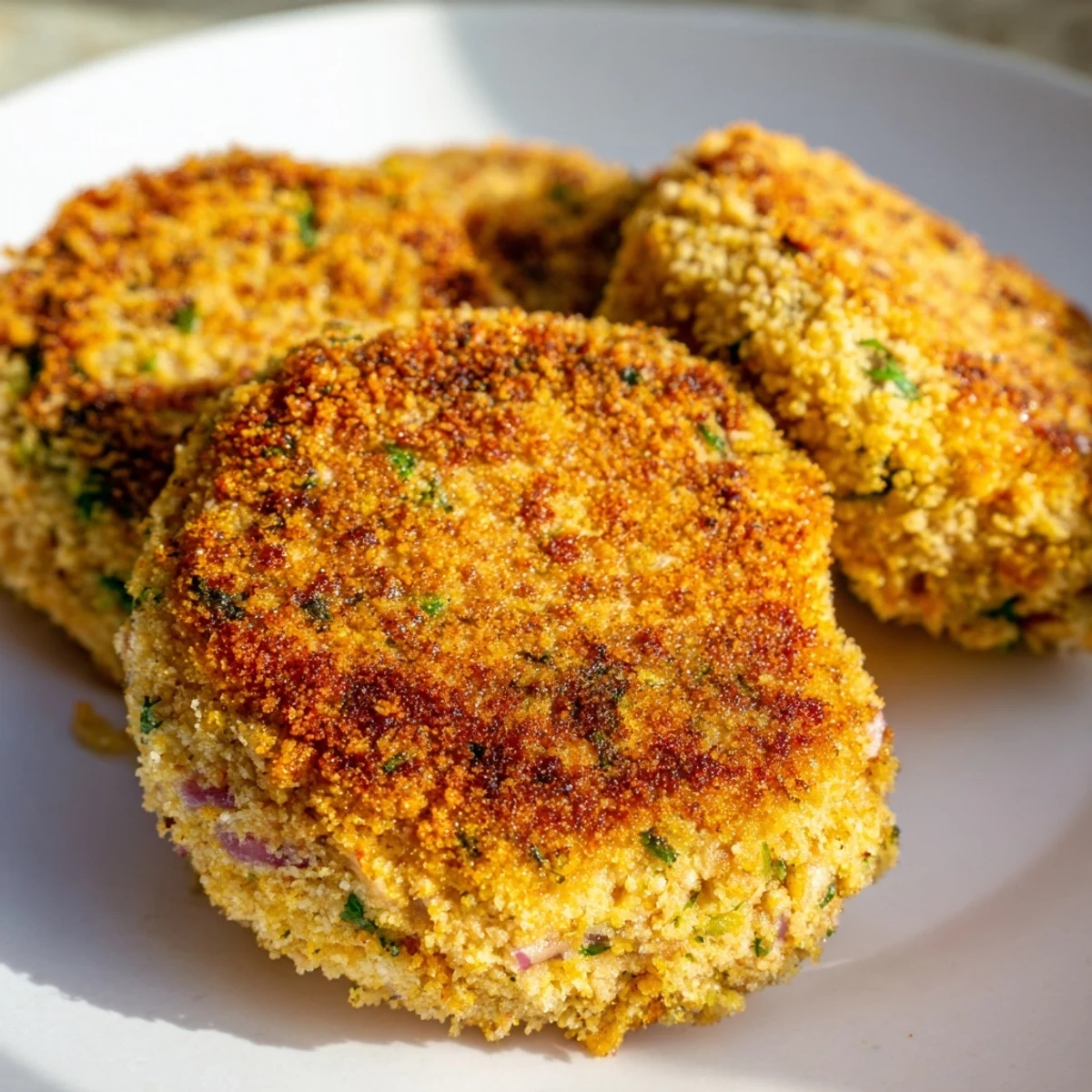Pan-fried crispy tuna cakes served with lemon wedges on a white plate