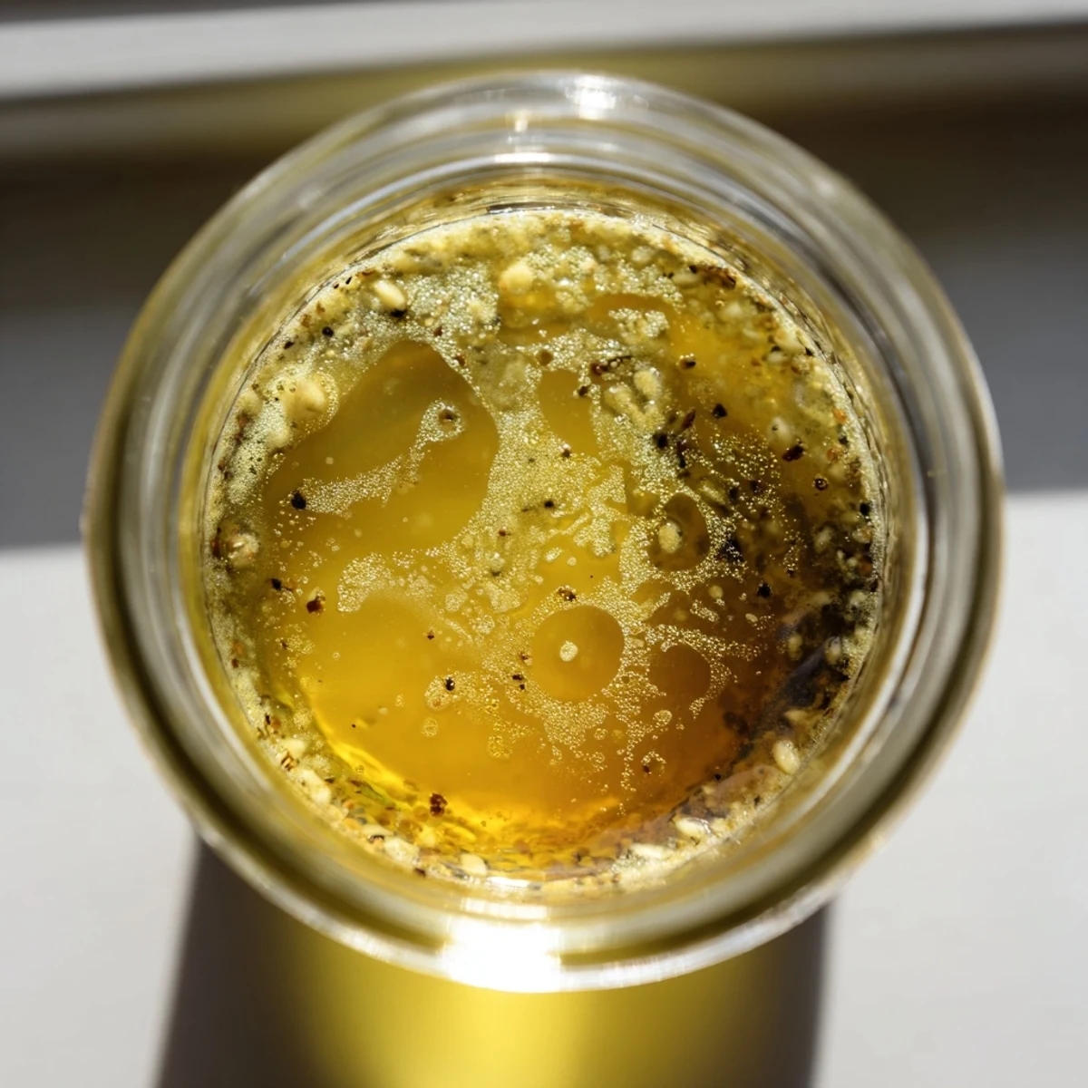 Golden easy lemon vinaigrette dressing drizzled over fresh green salad with vibrant lemon slices