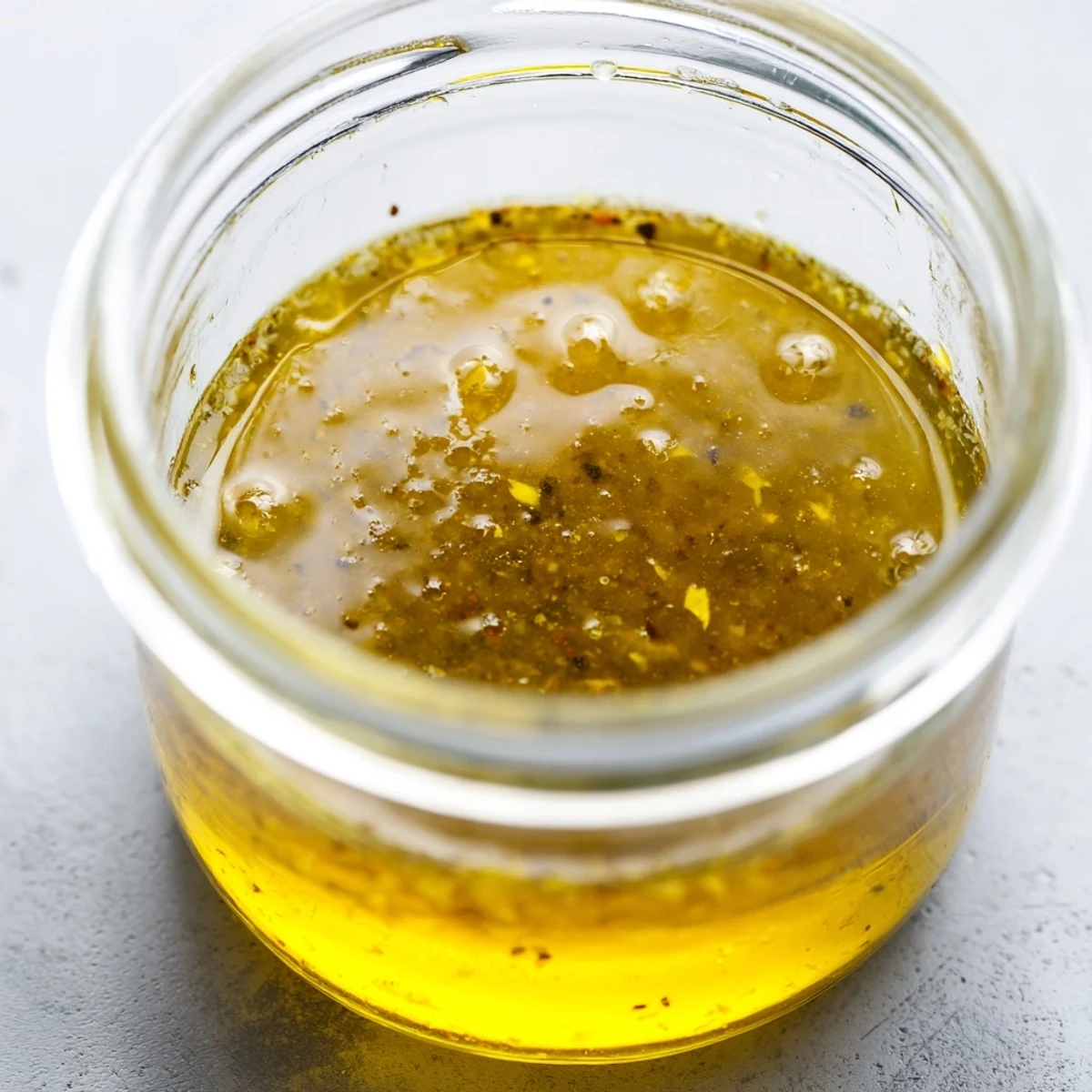 Emulsified easy lemon vinaigrette dressing whisked in bowl with Dijon mustard and garlic clove