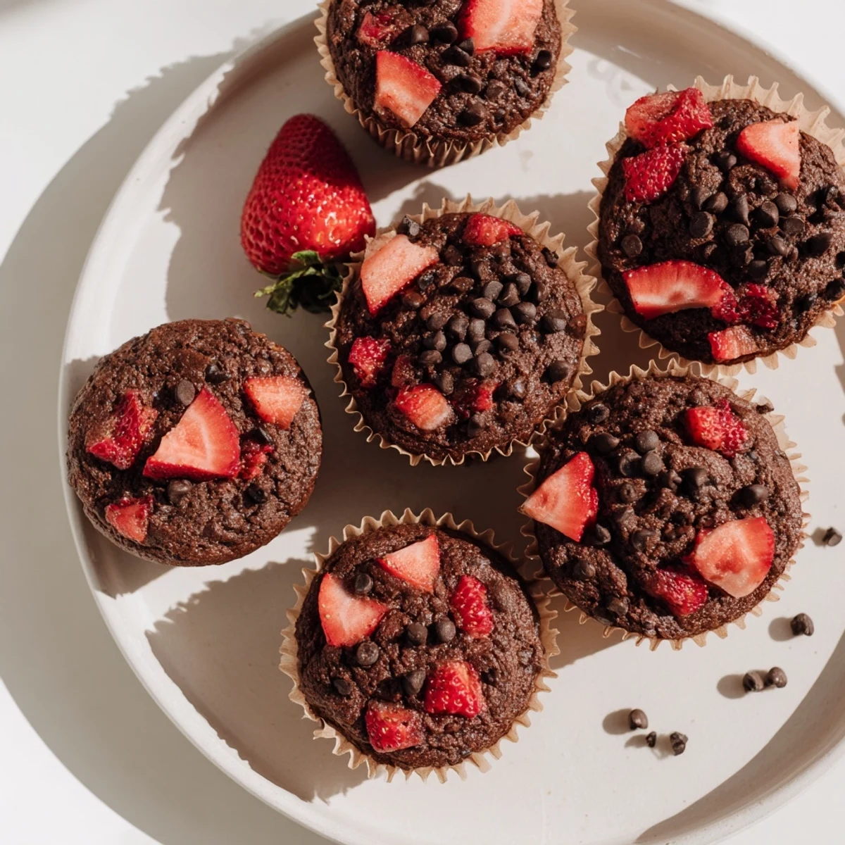 Fresh baked Double Chocolate Strawberry Muffins topped with melting chocolate chips and juicy strawberry pieces