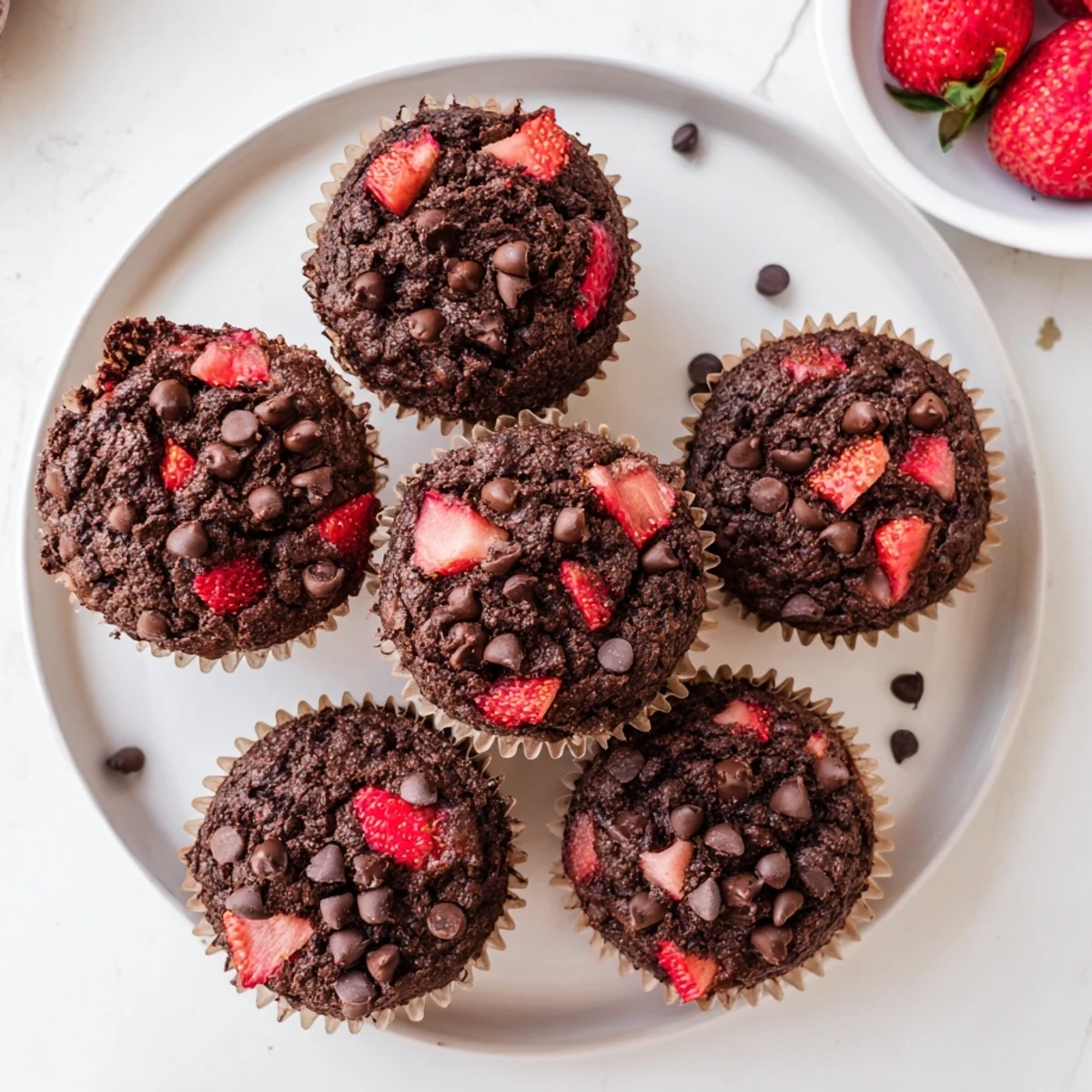 Rich cocoa Double Chocolate Strawberry Muffins bursting with diced berries and semi-sweet chocolate chunks