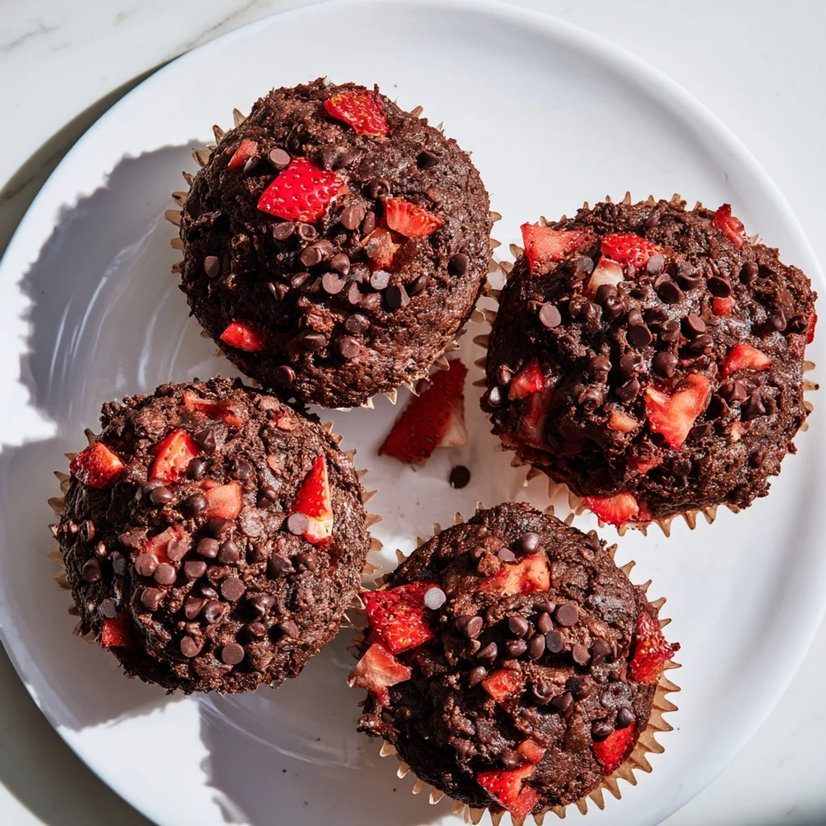 Golden Double Chocolate Strawberry Muffins cooling on wire rack with flecks of red fruit throughout