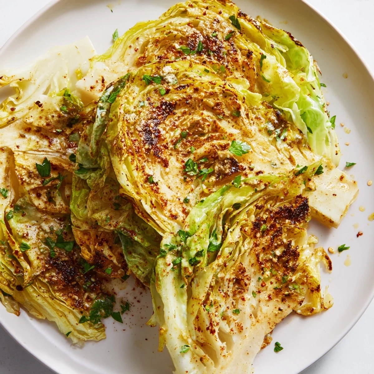 Golden brown roasted cabbage steaks with crispy caramelized edges and tender centers seasoned with garlic and smoked paprika