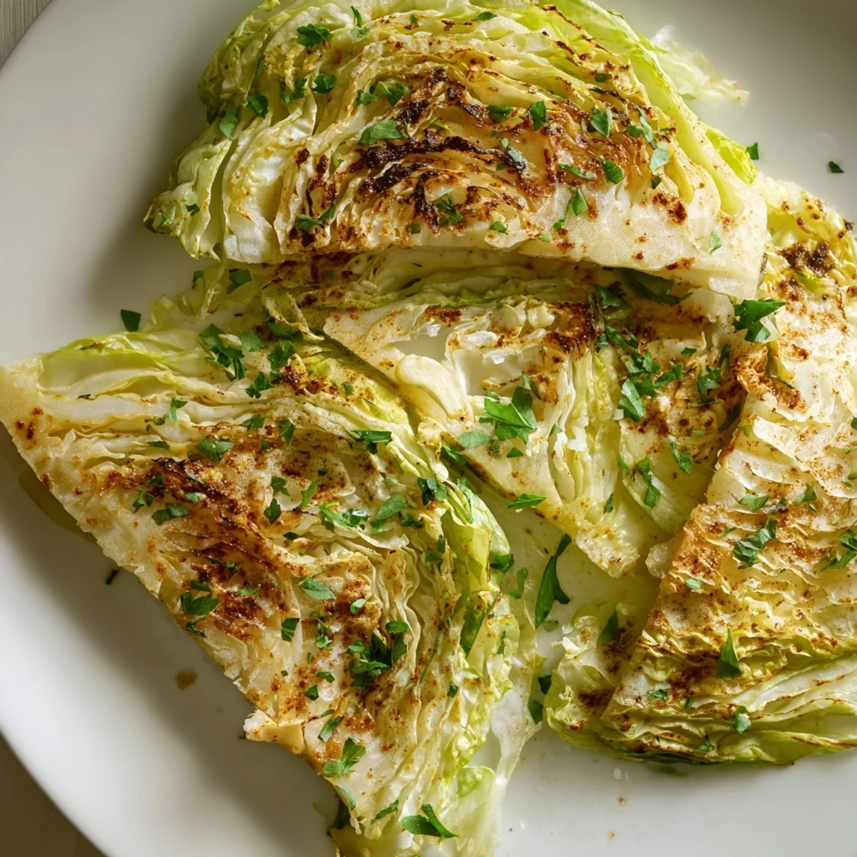 Vegan roasted cabbage steaks garnished with fresh parsley and lemon wedges served on a white platter