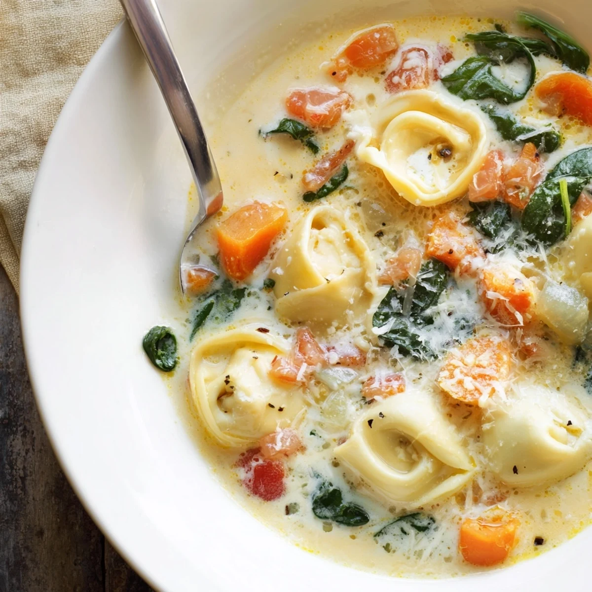 Golden bowl of comforting creamy tortellini soup featuring colorful vegetables and fresh spinach garnish