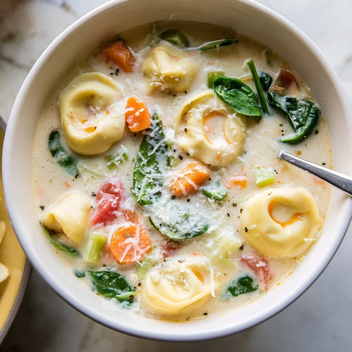 Savory Italian-American tortellini soup with velvety broth and cheese-filled pasta ready for chilly autumn dinners