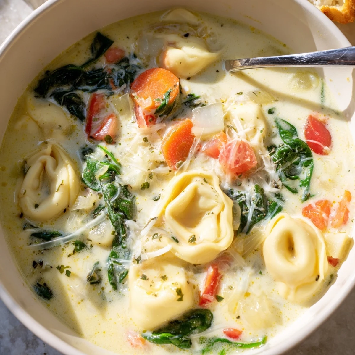 Rich, cozy tortellini soup ladled into serving bowl with crusty bread alongside for hearty fall meal