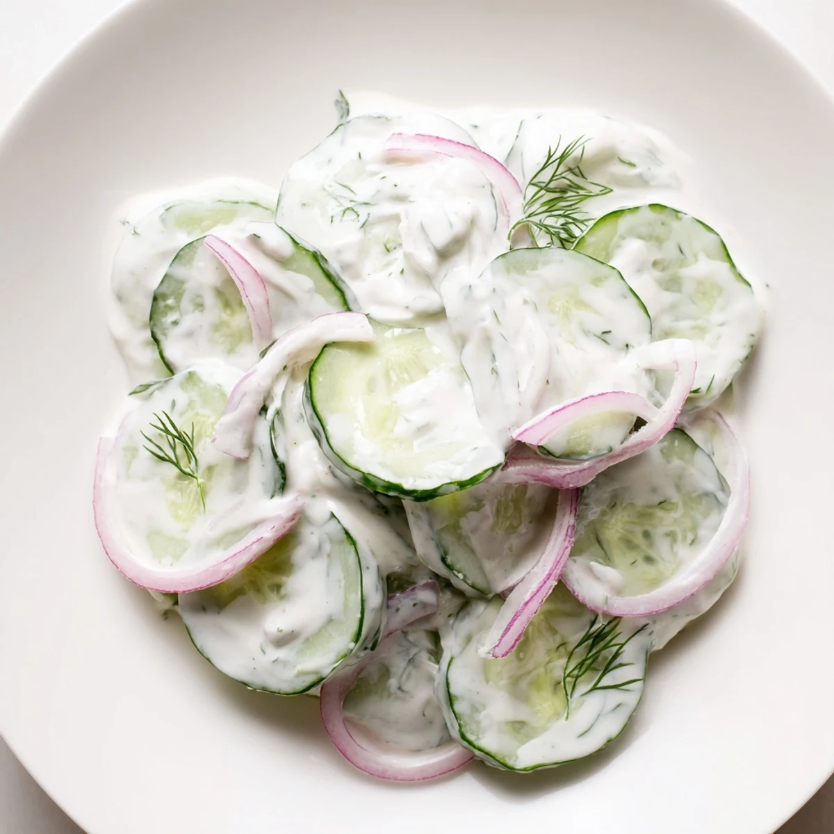 Chilled creamy cucumber salad bowl showcasing bright green cucumber rounds coated in rich sour cream mayonnaise dressing