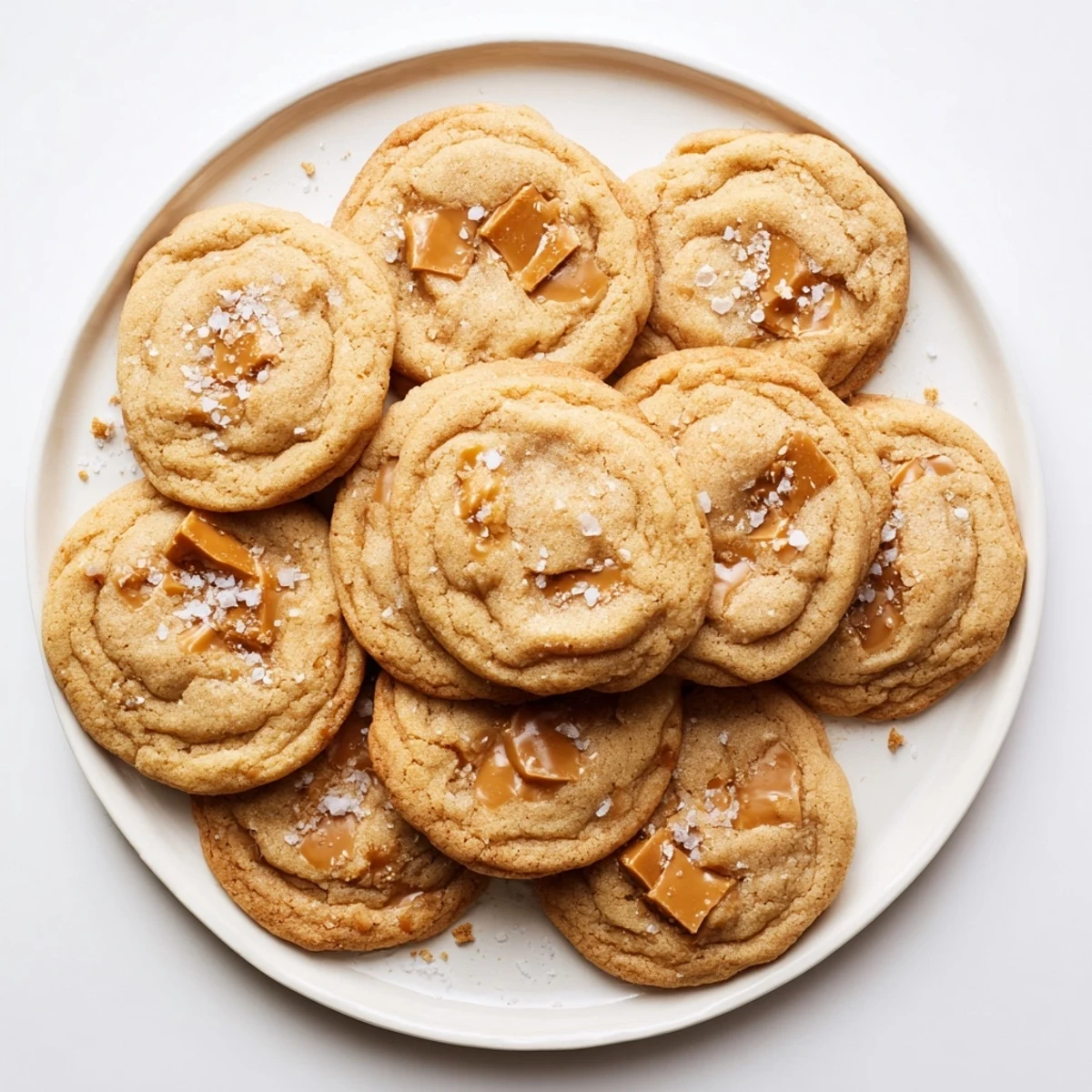 Chewy buttery sea salt caramel cookies fresh from the oven with gooey caramel pieces and sparkling sea salt