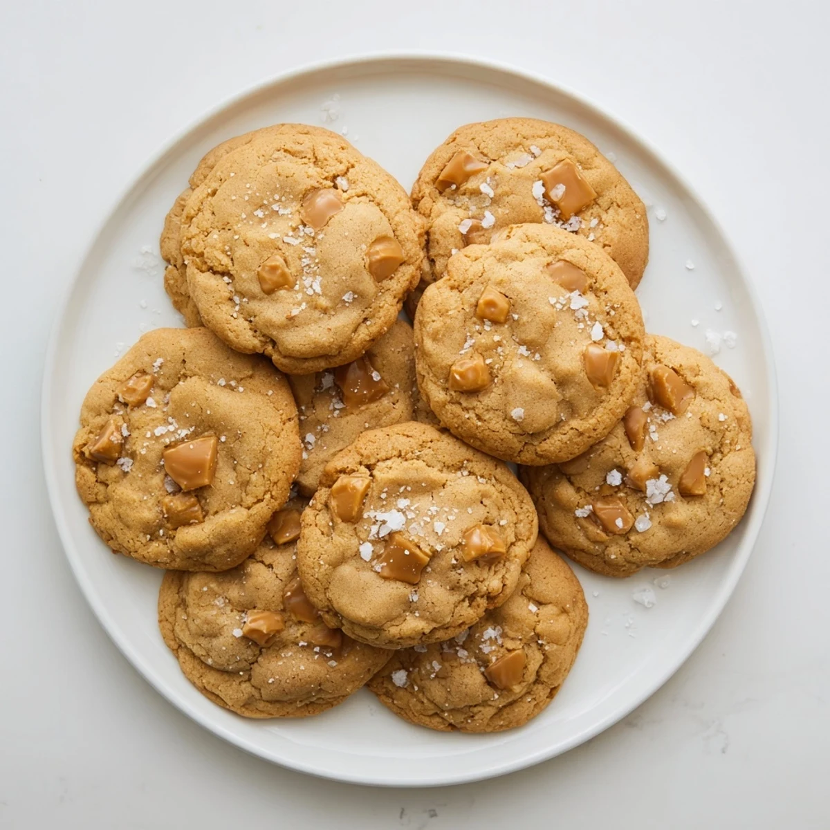 Close-up of homemade sea salt caramel cookies showing crisp edges and soft caramel centers topped with flaky sea salt