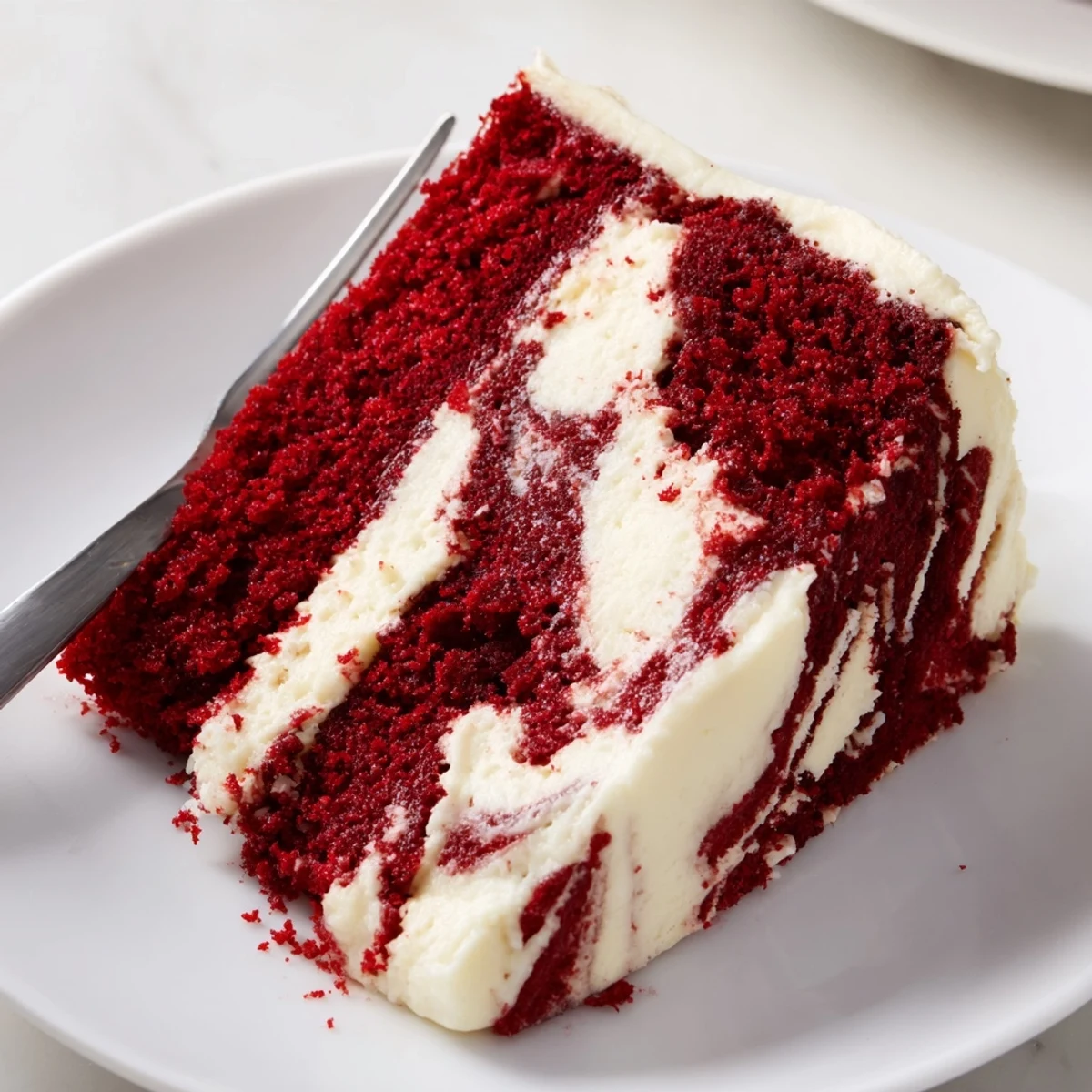 Slice of red velvet cheesecake swirl cake showing the beautiful marble pattern inside