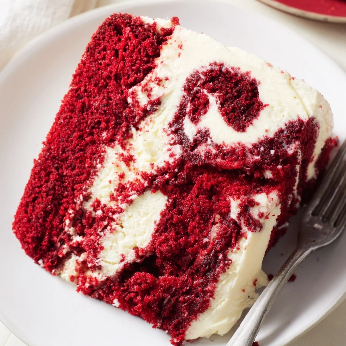 Moist red velvet cake marbled with creamy cheesecake swirls on a white serving plate
