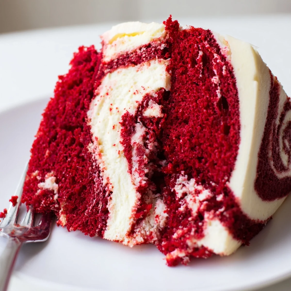 Red velvet cheesecake swirl cake with powdered sugar dusting on a cake stand