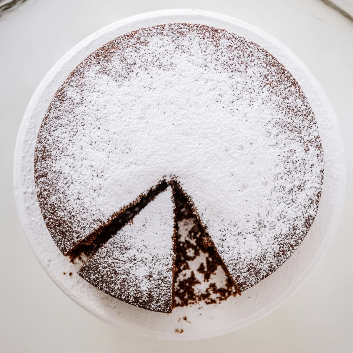 Moist Air Fryer Guinness Chocolate Cake topped with powdered sugar on a white plate