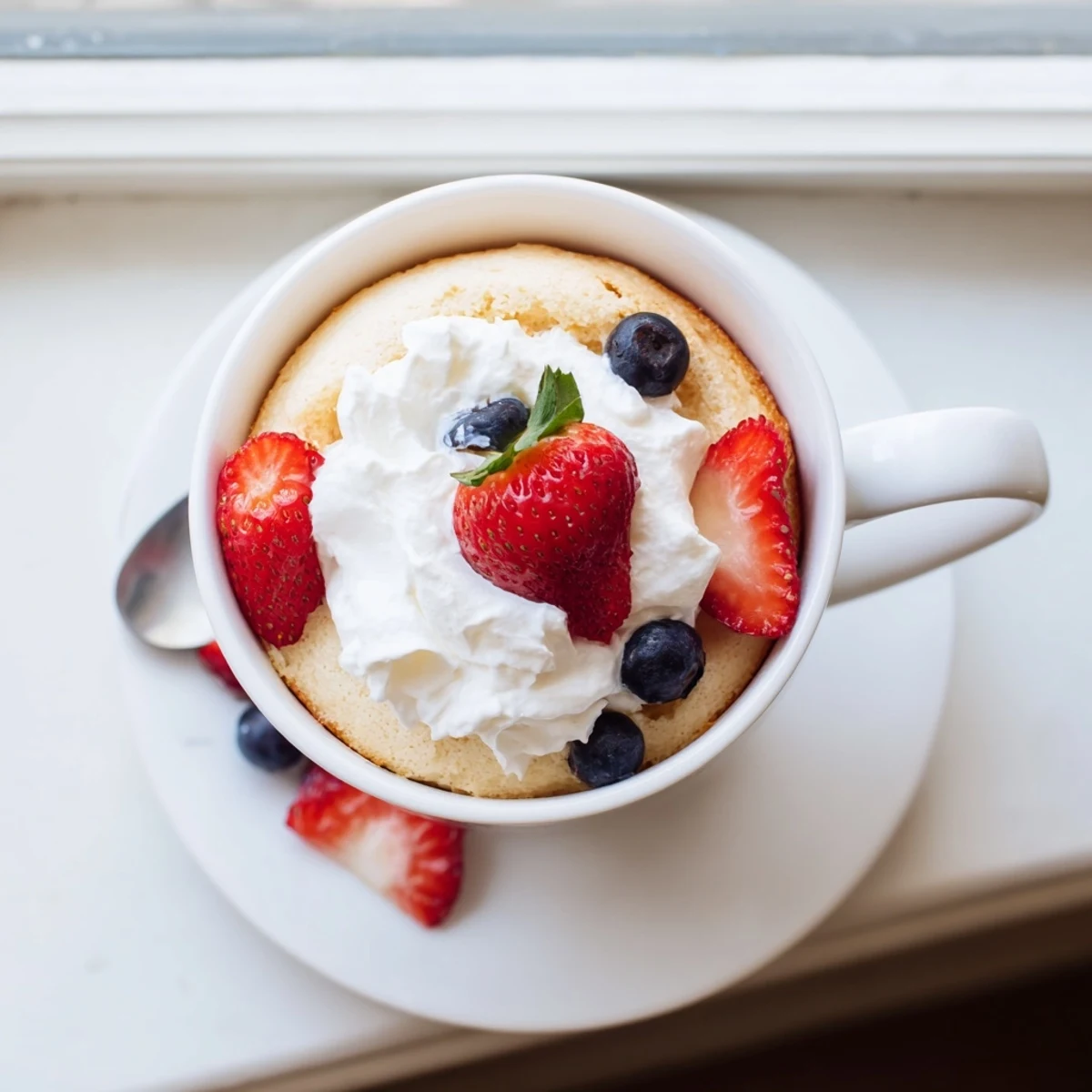 Air fryer angel food mug cake topped with whipped cream and fresh juicy strawberries
