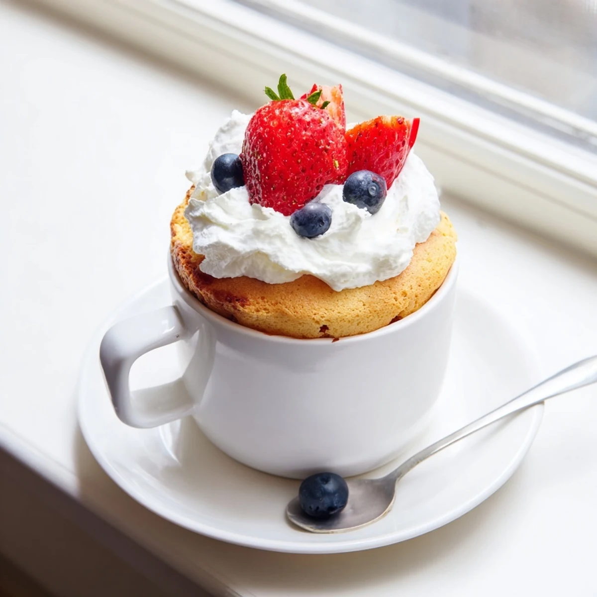 Quick angel food cake in a mug served with raspberries and light whipped topping