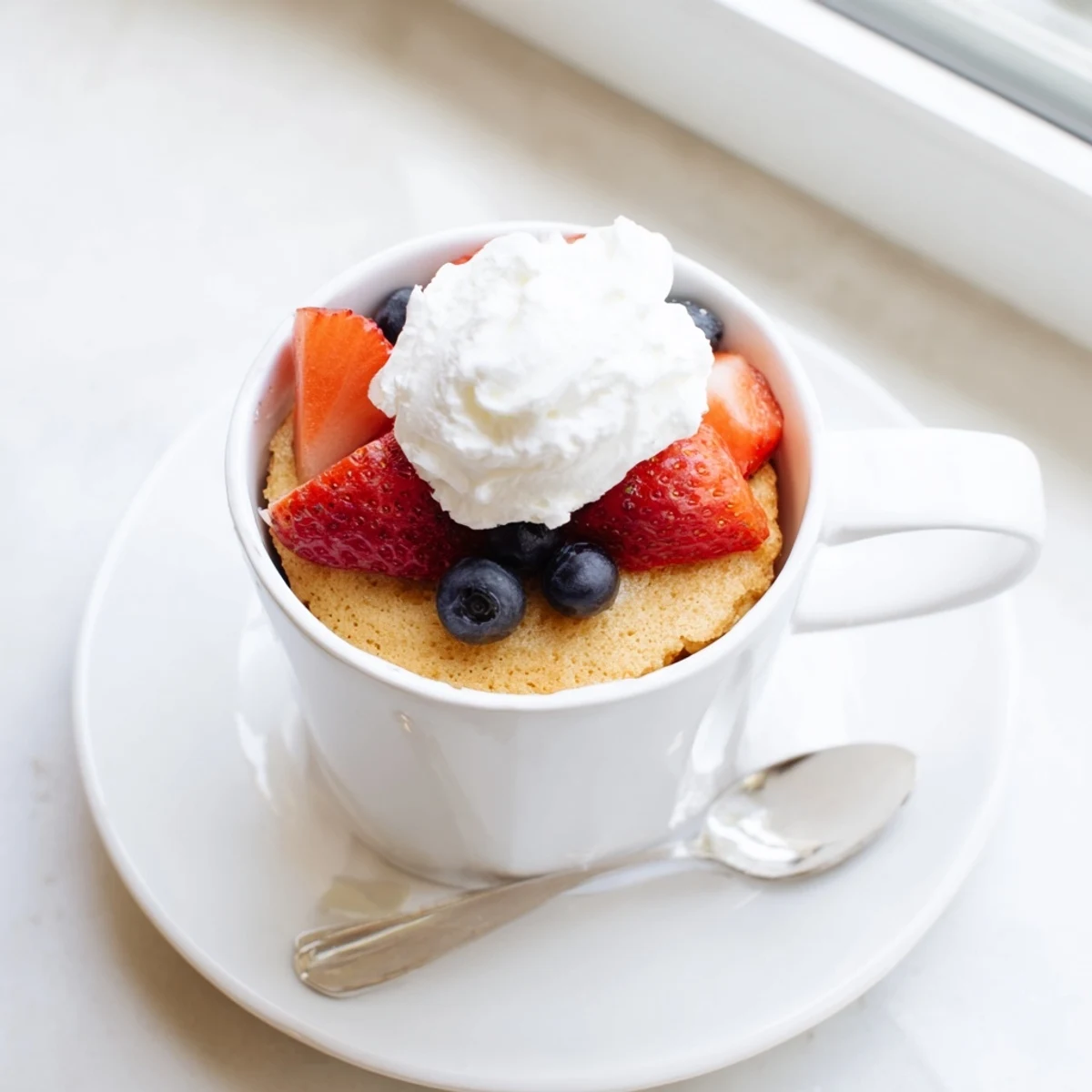 Fluffy white angel food cake rising in a mug with golden-brown edges and blueberries