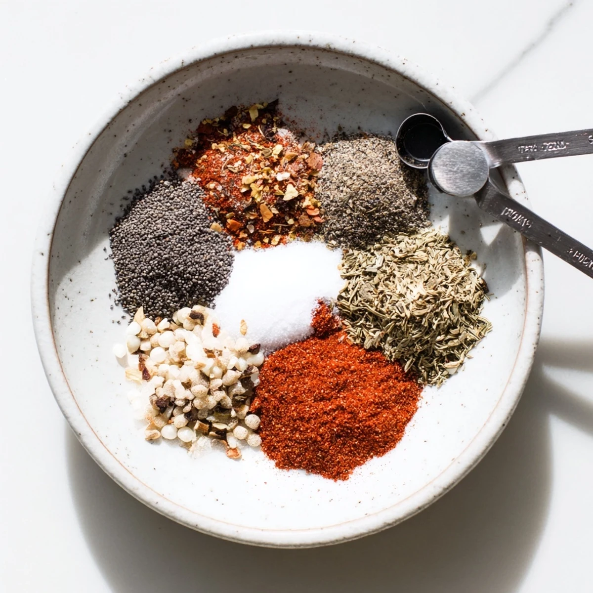 Homemade copycat Montreal steak seasoning blend with coarse black pepper and aromatic spices in a glass jar