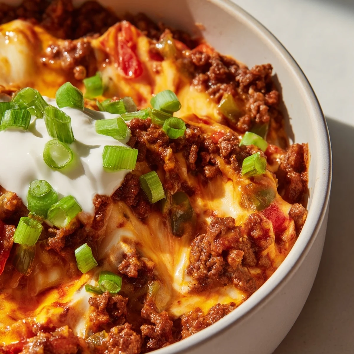 Creamy melty Rotel dip with seasoned ground beef and sour cream served in a bowl