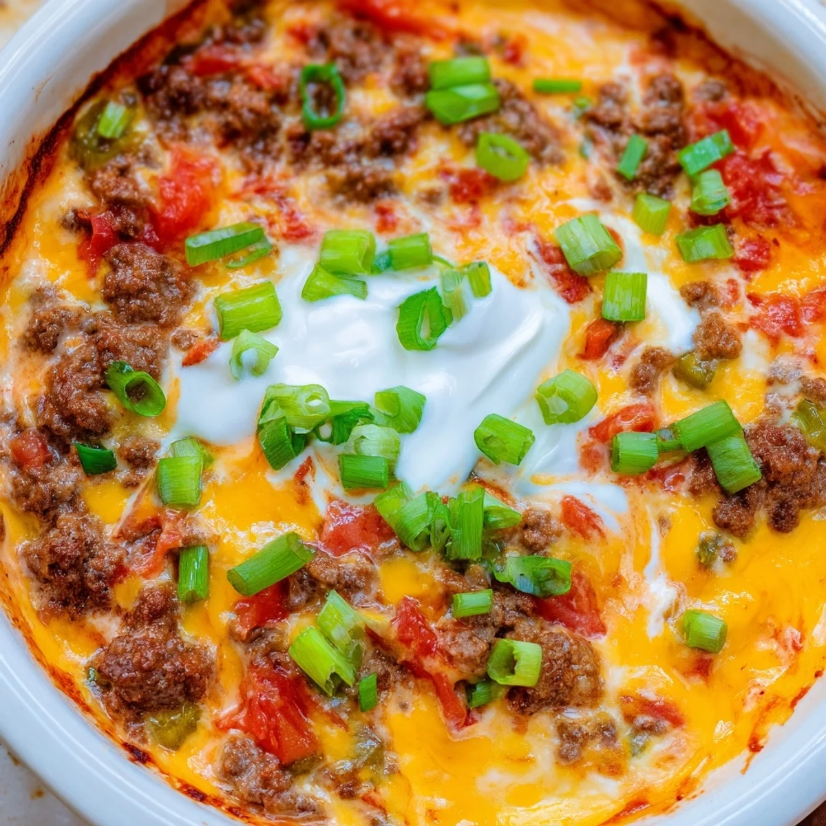 Steaming hot ground beef Rotel dip with sour cream, perfect for dipping tortilla chips