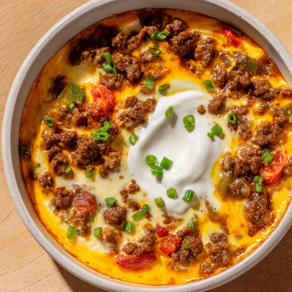 Golden Rotel dip bubbling with melted cheese, ground beef, and tangy sour cream topping