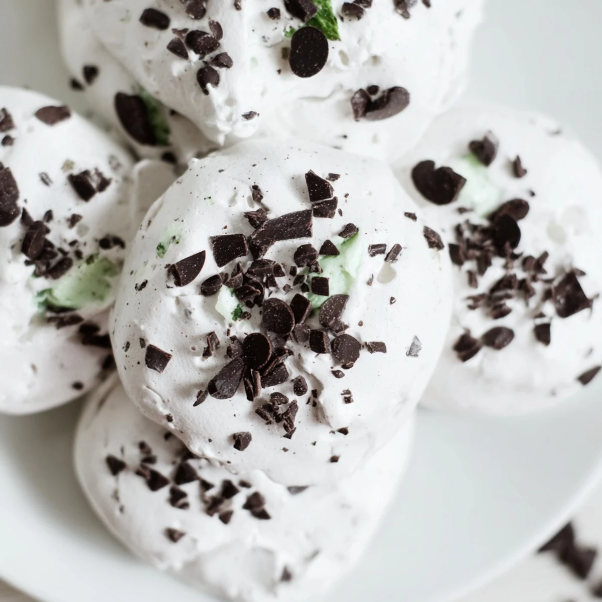 Close up of dreamy dark chocolate and mint chip clouds melting on a dessert plate