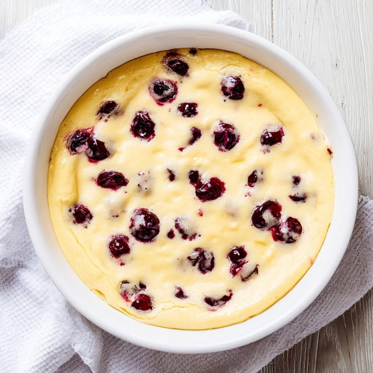 Golden cherry custard dessert baked until lightly set with juicy fruit suspended in creamy vanilla custard