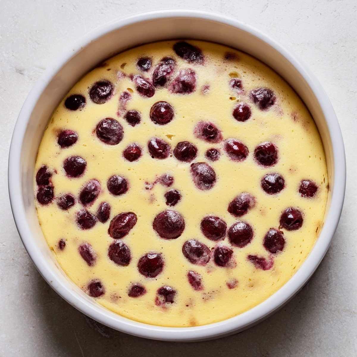 Creamy cherry custard cooling in a white baking dish with scattered ruby-red cherries throughout