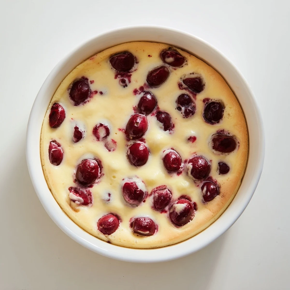 Sweet European-style cherry custard with tender baked cherries nestled in a smooth golden egg custard base