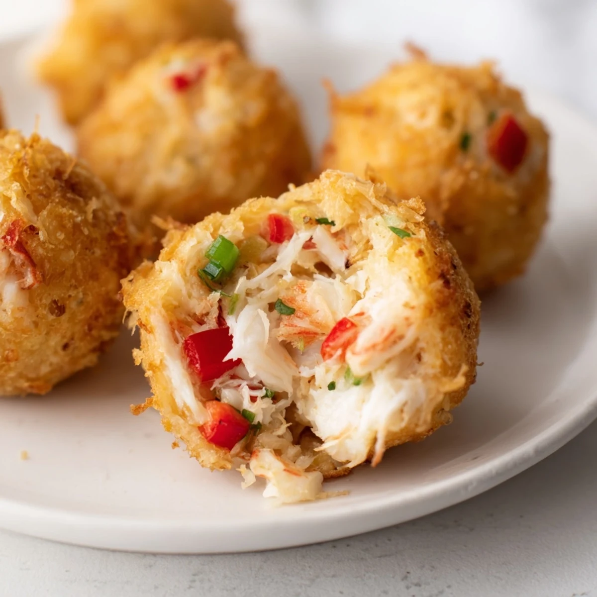 Handheld appetizer featuring seasoned seafood filling wrapped inside tortilla bundles, served warm