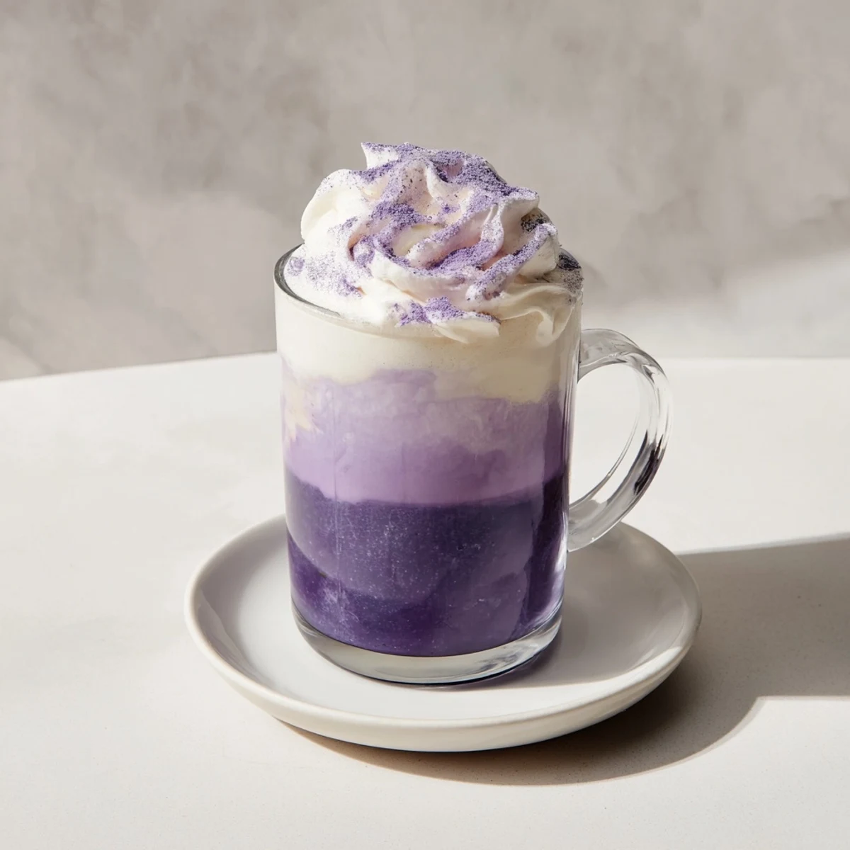 Gorgeous purple ube latte with swirls of creamy foam and whipped cream topping