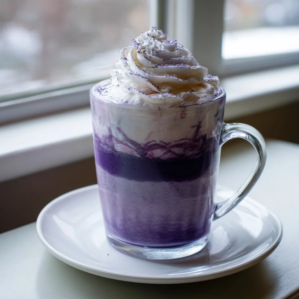 Iced ube latte showcasing vibrant purple layers poured over ice in a clear glass