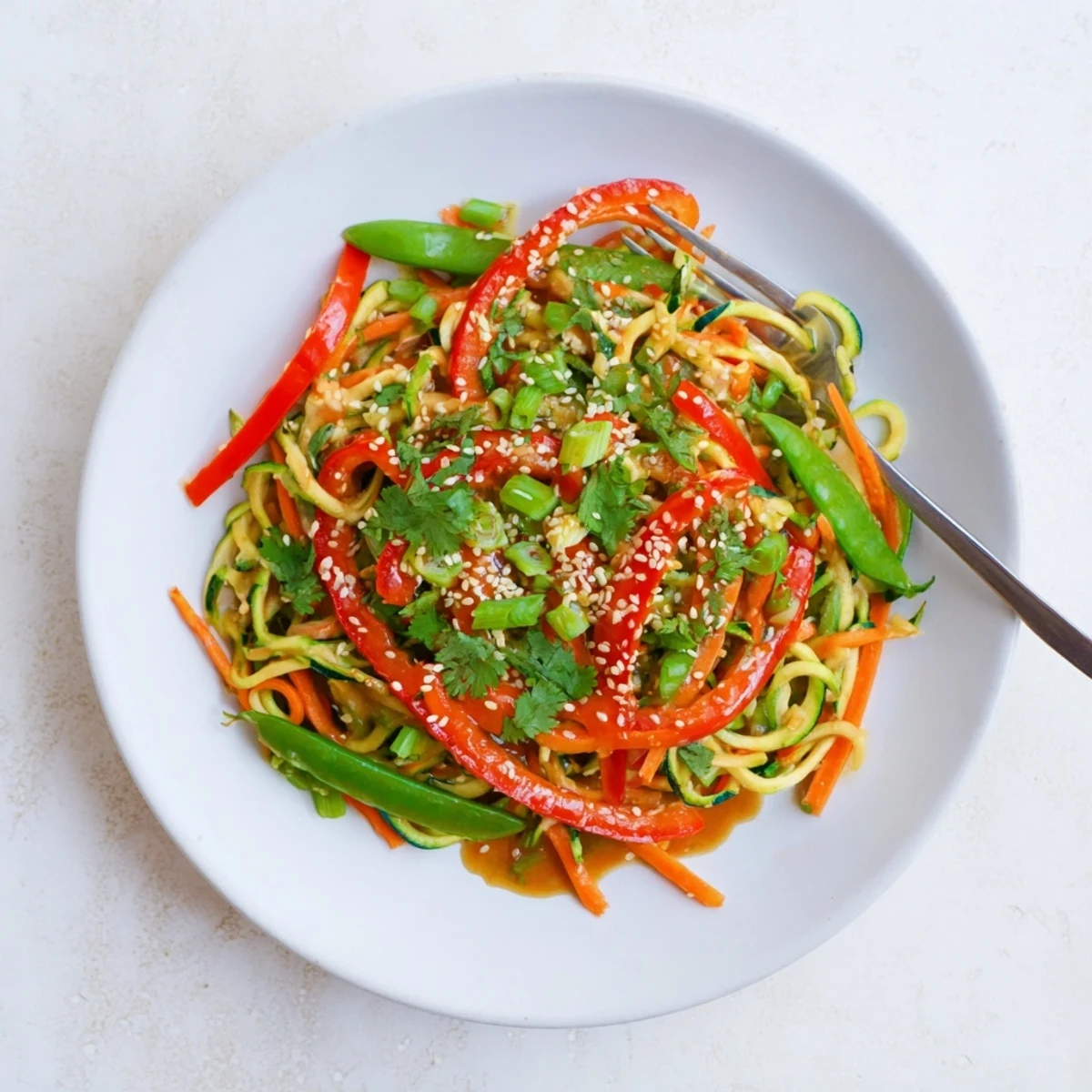 Spiralized zucchini noodles coated in glossy homemade teriyaki sauce with colorful vegetables