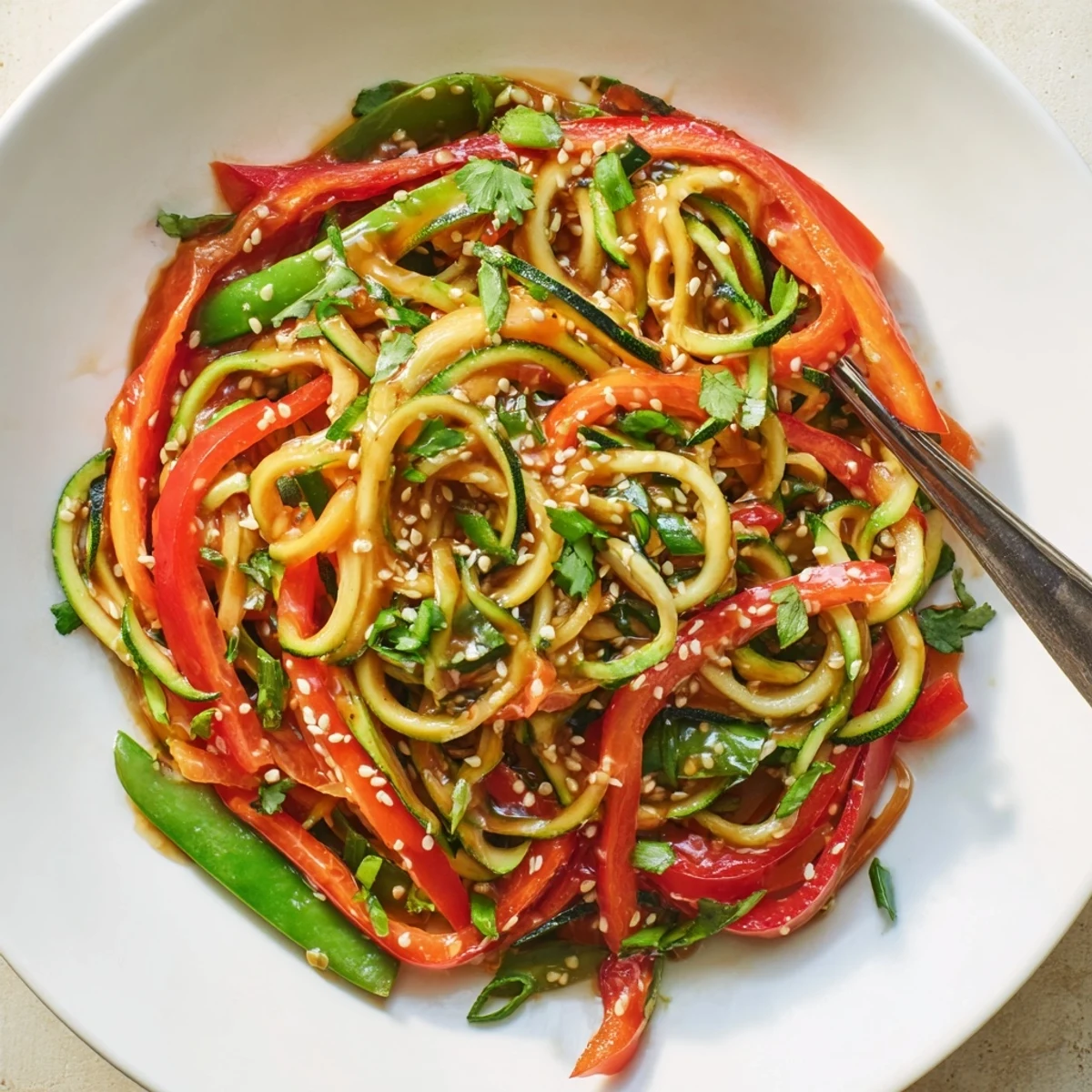 Fresh zucchini noodles tossed in savory-sweet teriyaki sauce with sesame seeds and green onions