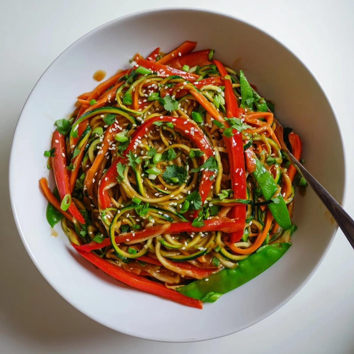 Tasty teriyaki zucchini noodles stir-fried with crisp bell pepper and snap peas in skillet