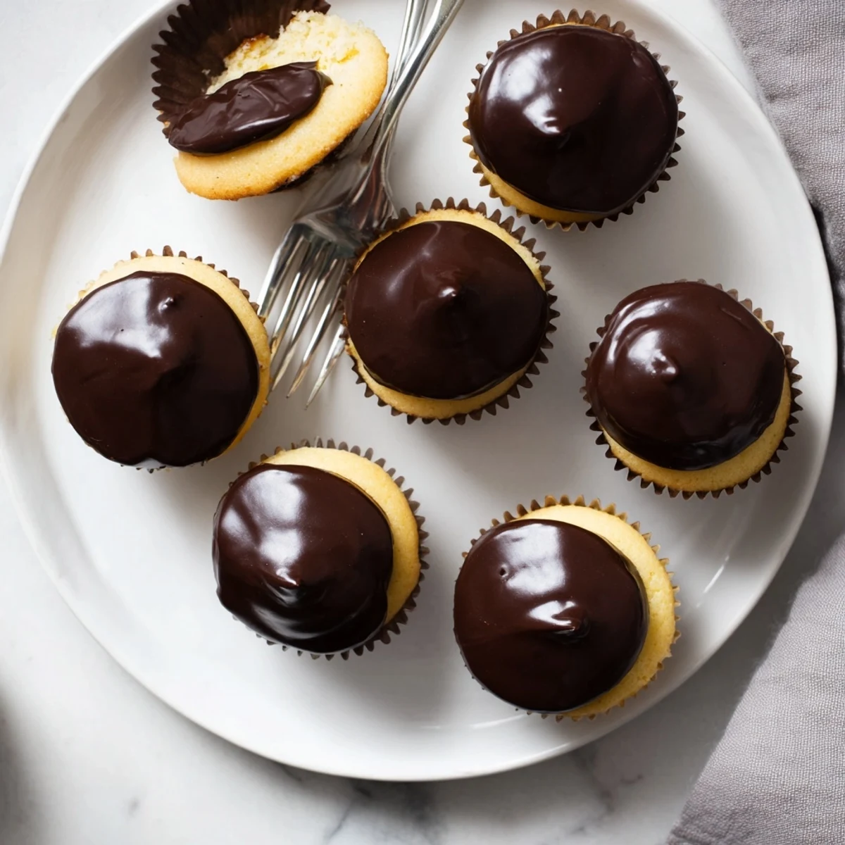 Homemade Boston cream pie cupcakes featuring moist yellow cake, vanilla pastry cream filling, and rich chocolate glaze