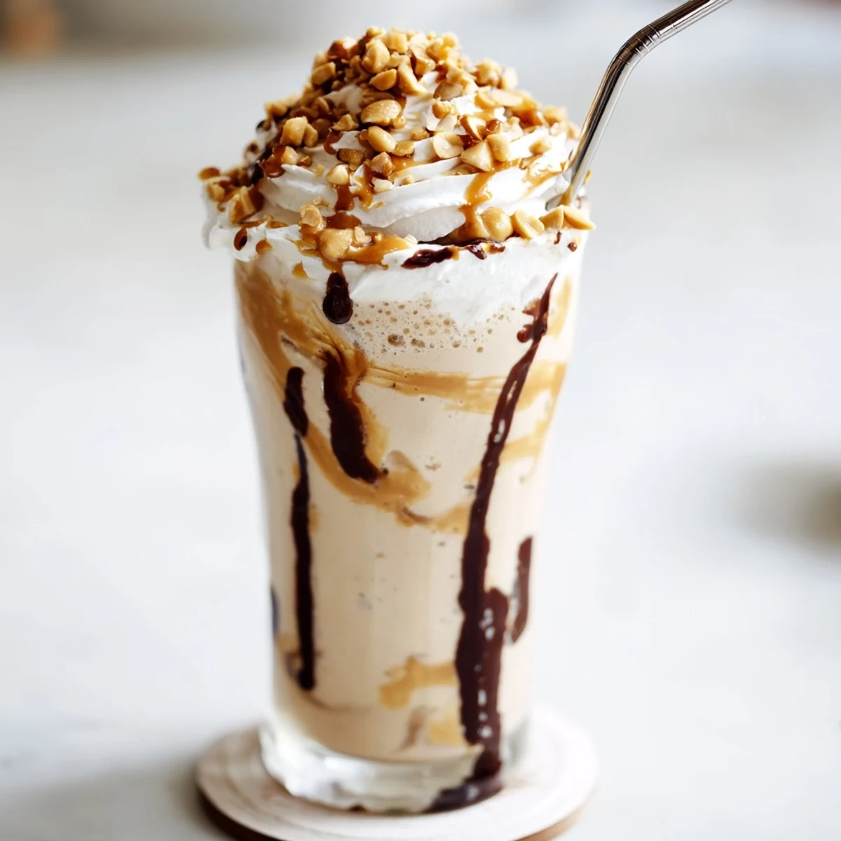 Tall glass filled with thick Five Guys-Style Peanut Butter Milkshake topped with whipped cream and crushed peanuts