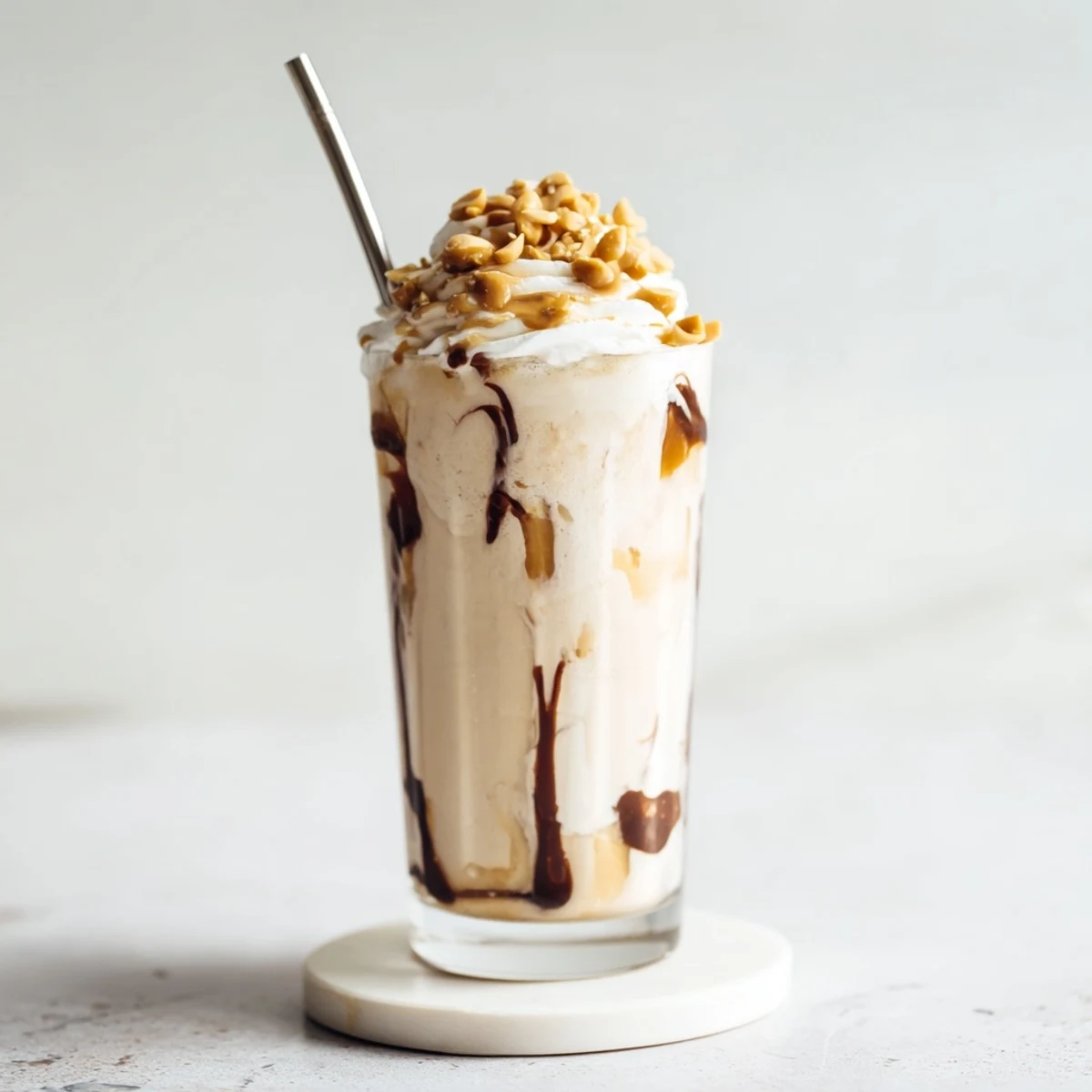 Creamy peanut butter milkshake inspired by Five Guys, garnished with chocolate syrup and roasted peanut bits