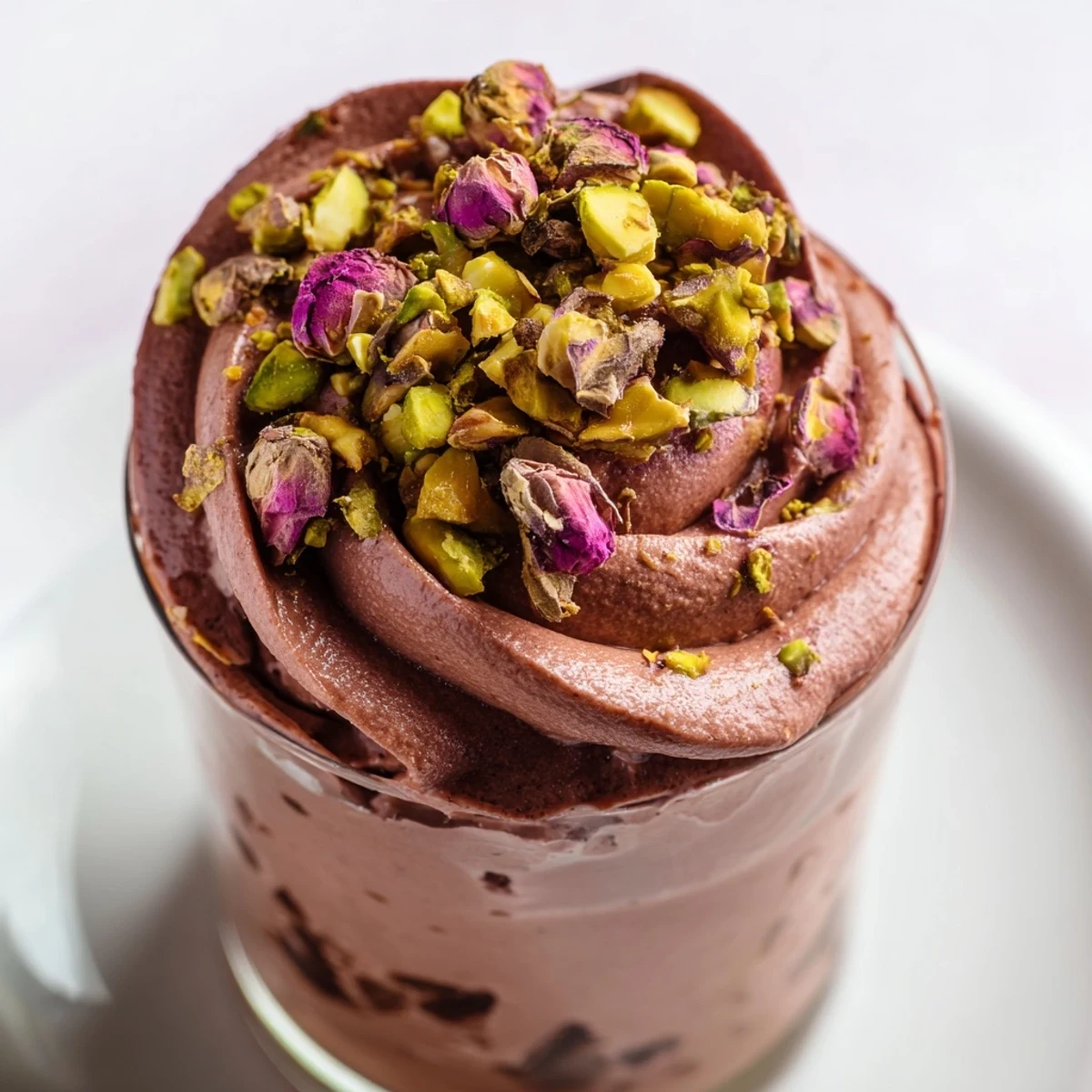 Decadent Dubai chocolate cup featuring creamy mousse layered with crunchy pistachios and aromatic rosewater cream