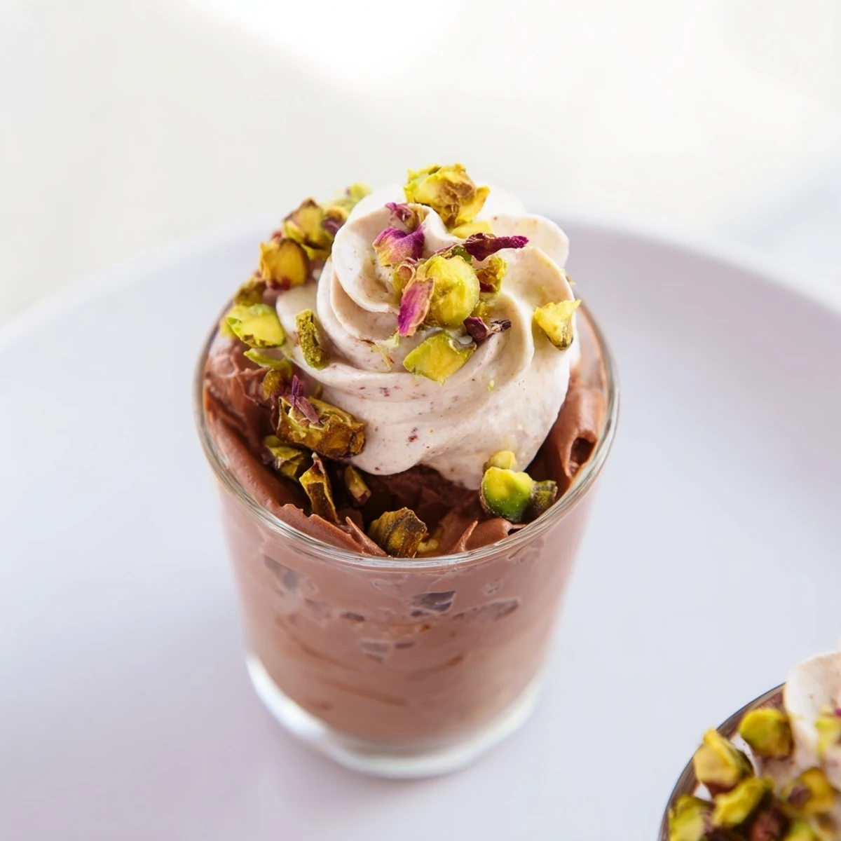 Rich Middle Eastern chocolate dessert cup topped with fragrant rosewater whipped cream and crushed pistachios