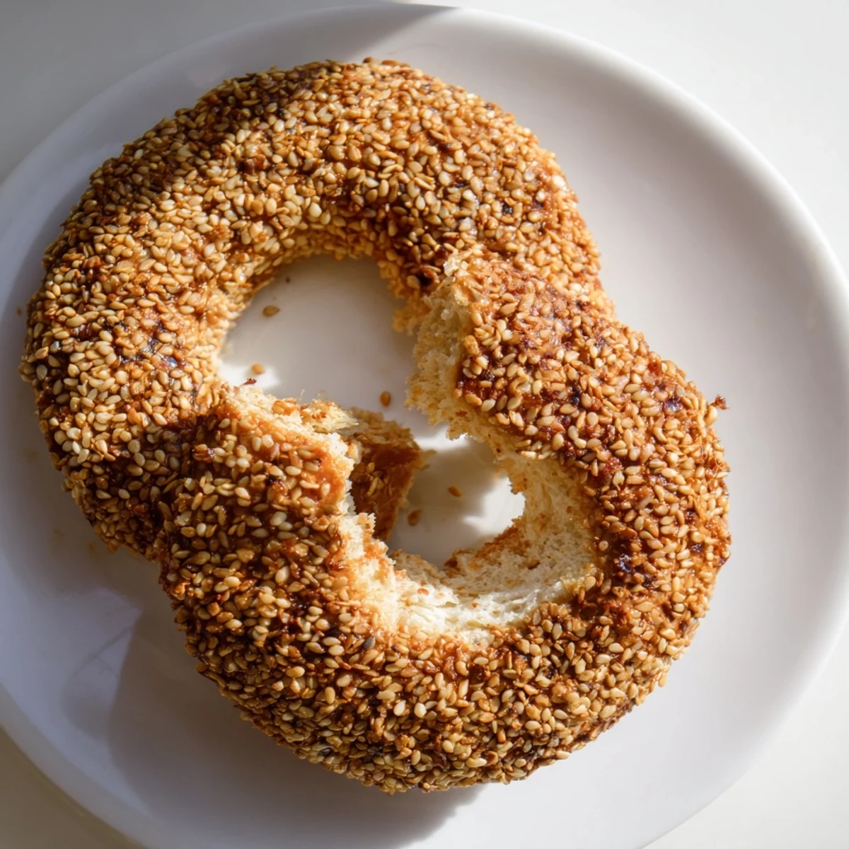 Golden sesame bread rings with crisp exteriors and soft chewy interiors fresh from baking